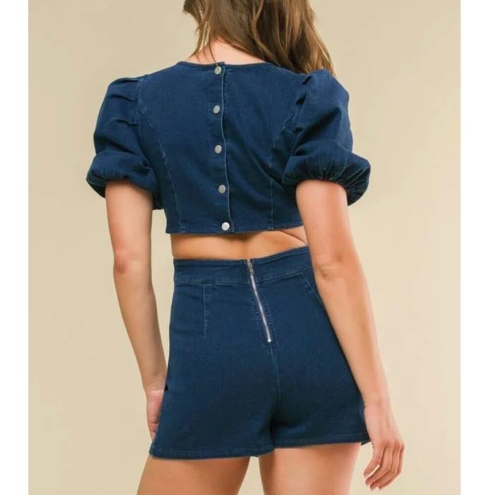 Flying Tomato Denim Skort Romper Puff Sleeve Open Back Small